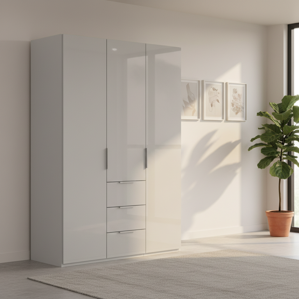 Rauch Heaven 150cm 3 Door Combi Wardrobe with Glass Doors in Silk grey styled in a modern bedroom