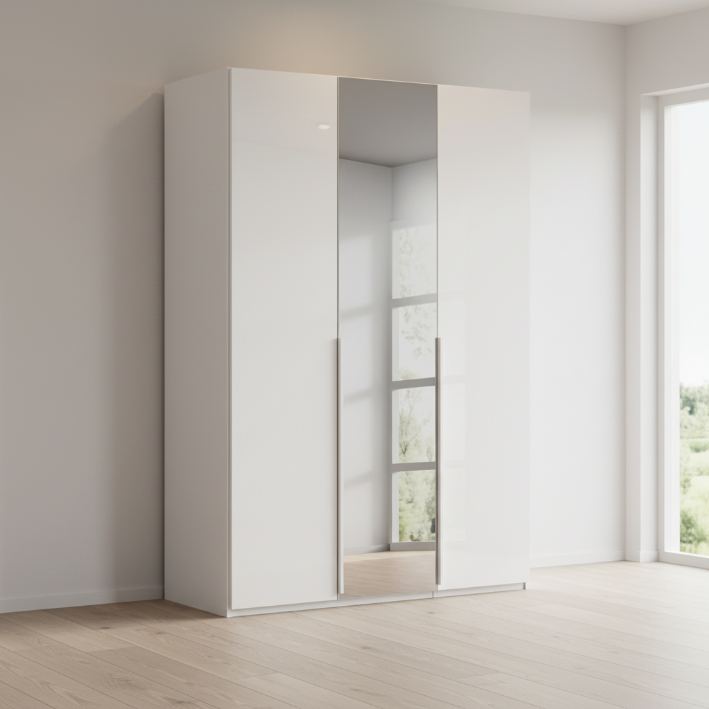 Rauch Heaven 150cm 3 Door Hinged Wardrobe with 2 Glass Doors and 1 Mirror Door in Alpine White styled in a modern bedroom