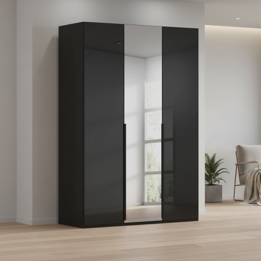 Rauch Heaven 150cm 3 Door Hinged Wardrobe with 2 Glass Doors and 1 Mirror Door in Black styled in a modern bedroom