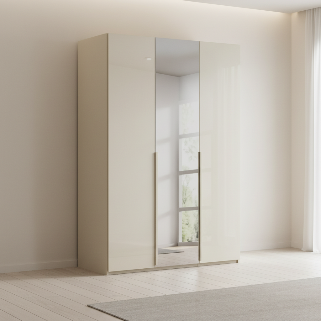 Rauch Heaven 150cm 3 Door Hinged Wardrobe with 2 Glass Doors and 1 Mirror Door in Champagne styled in a modern bedroom