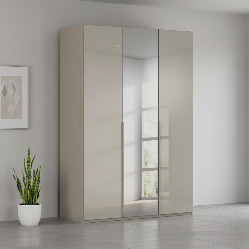 Rauch Heaven 150cm 3 Door Hinged Wardrobe with 2 Glass Doors and 1 Mirror Door in Fango styled in a modern bedroom