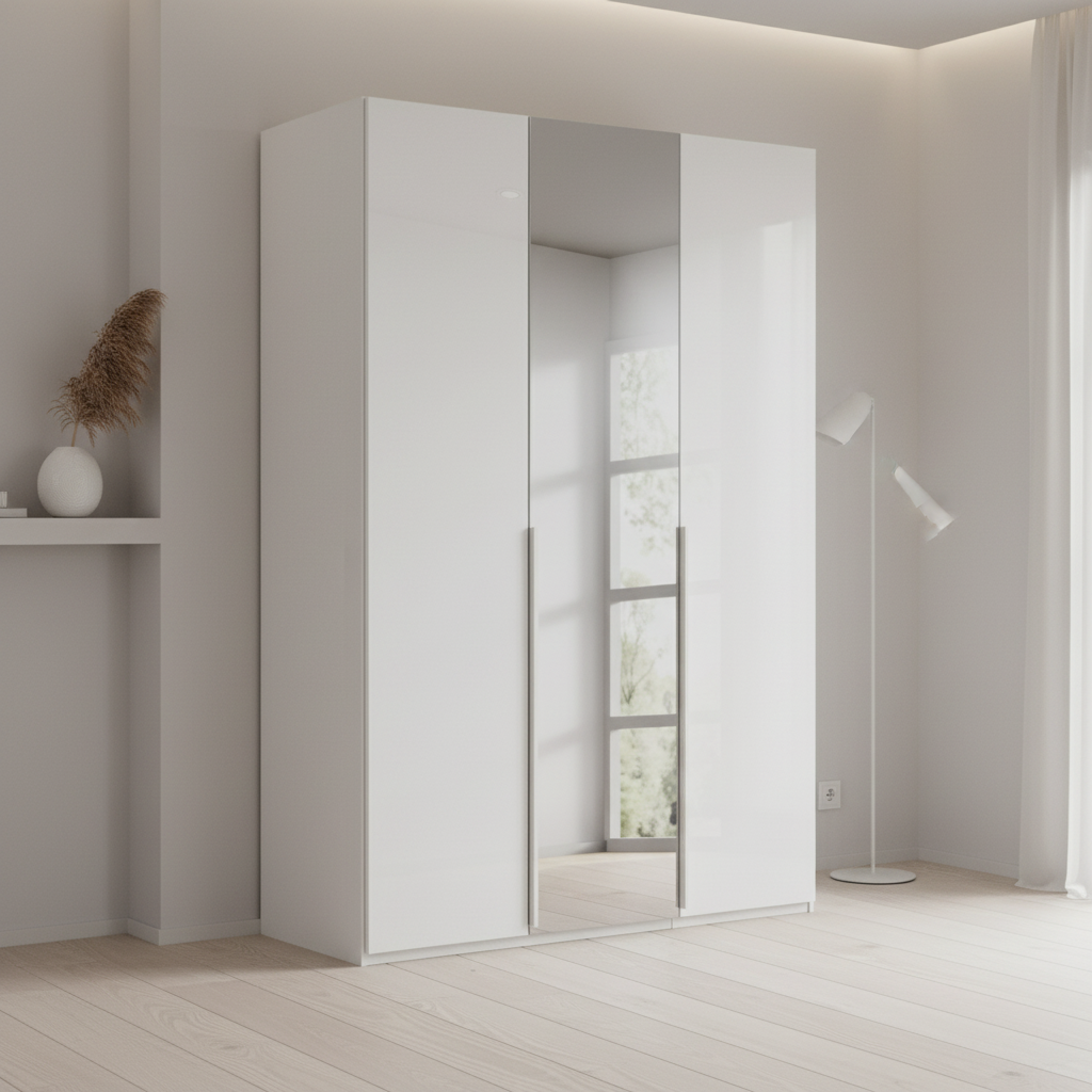 Rauch Heaven 150cm 3 Door Hinged Wardrobe with 2 Glass Doors and 1 Mirror Door in silk Grey styled in a modern bedroom