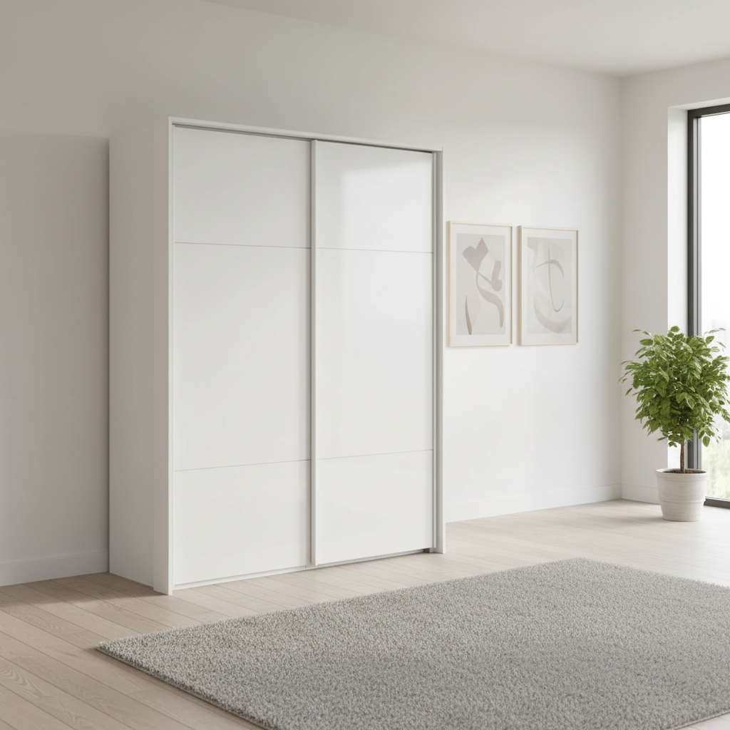 Rauch Heaven 160cm 2 Door Slider Wardrobe with Glass Doors in Alpine White styled in a modern bedroom