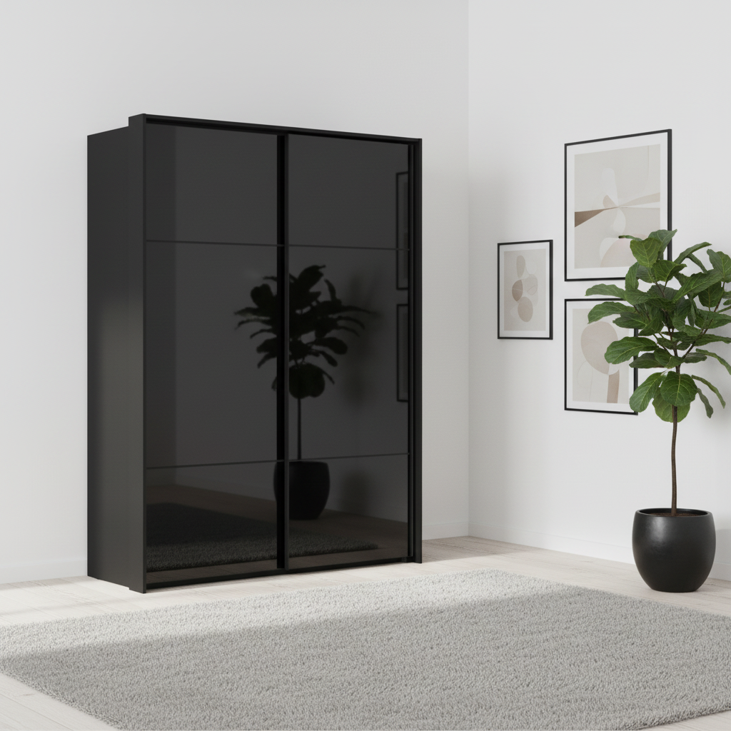 Rauch Heaven 170cm 2 Door Slider Wardrobe with Glass Doors in Black styled in a modern bedroom