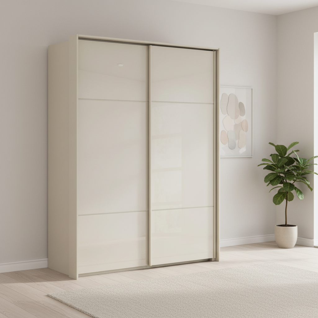 Rauch Heaven 170cm 2 Door Slider Wardrobe with Glass Doors in Champagne styled in a modern bedroom