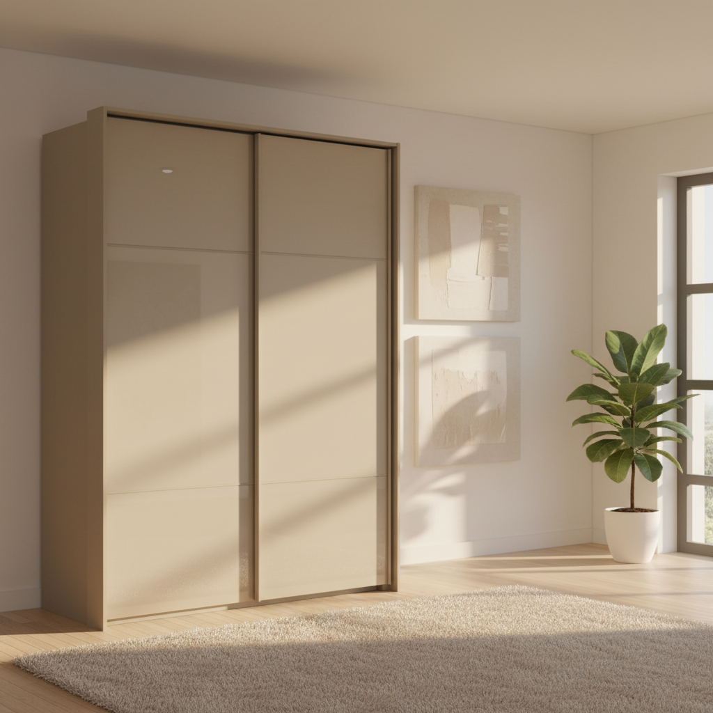 Rauch Heaven 170cm 2 Door Slider Wardrobe with Glass Doors in Fango styled in a modern bedroom