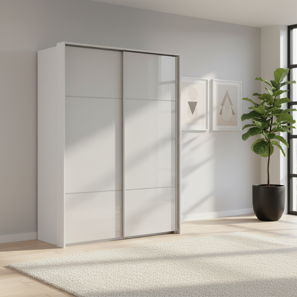 Rauch Heaven 160cm 2 Door Slider Wardrobe with Glass Doors in Silk Grey styled in a modern bedroom