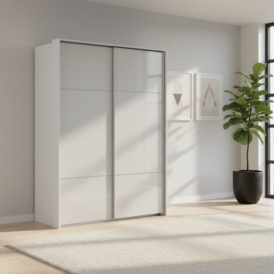 Rauch Heaven 160cm 2 Door Slider Wardrobe with Glass Doors in Silk Grey styled in a modern bedroom