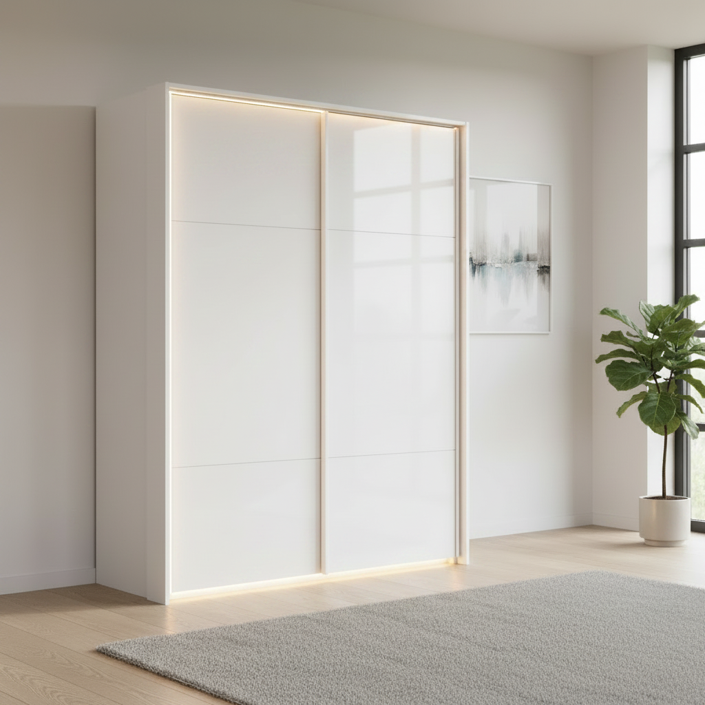 Rauch Heaven 160cm 2 Door Slider Wardrobe with Glass Doors and Lights in Alpine White styled in a modern bedroom