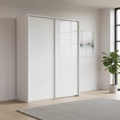 Rauch Heaven 160cm 2 Door Slider Wardrobe with Glass Doors and Lights in Alpine White styled in a modern bedroom