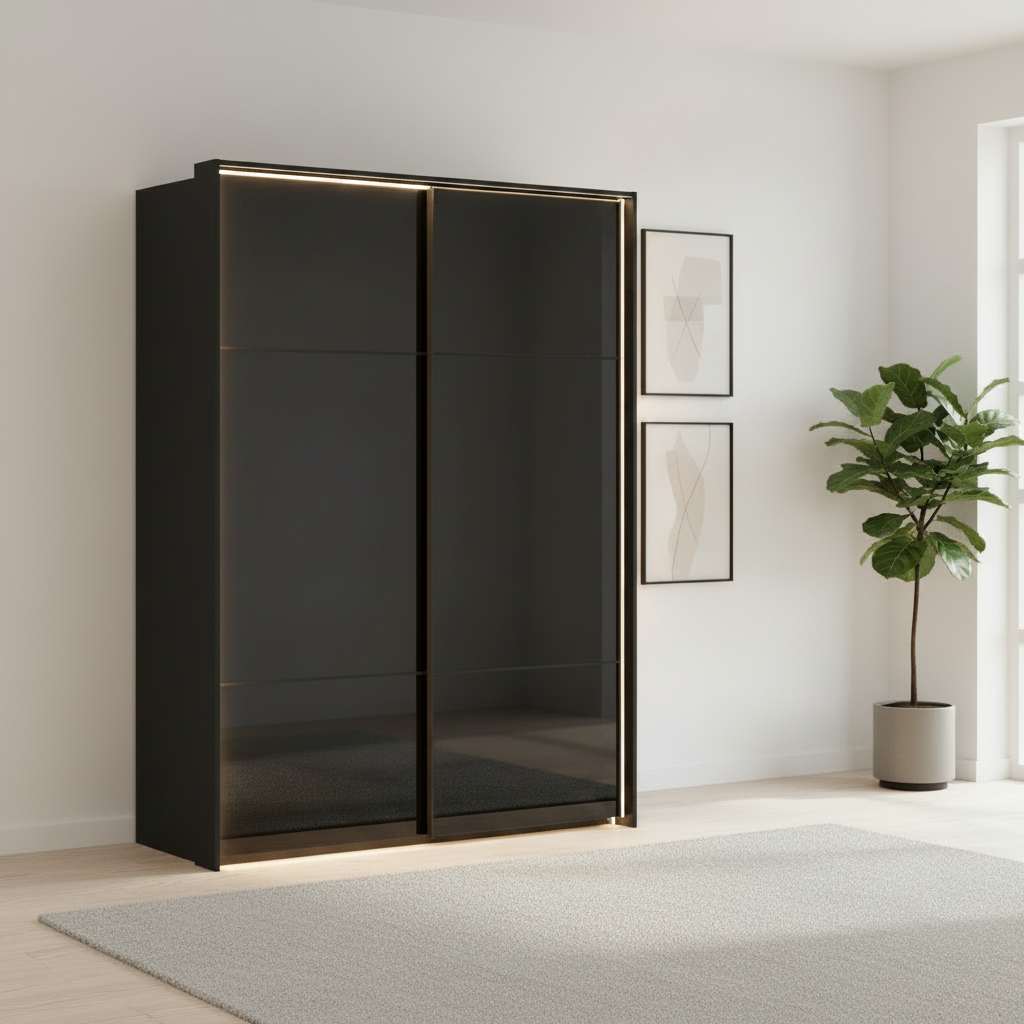 Rauch Heaven 160cm 2 Door Slider Wardrobe with Glass Doors and Lights in Black styled in a modern bedroom