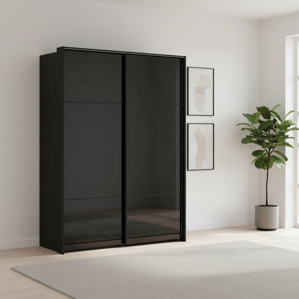 Rauch Heaven 160cm 2 Door Slider Wardrobe with Glass Doors and Lights in Black styled in a modern bedroom