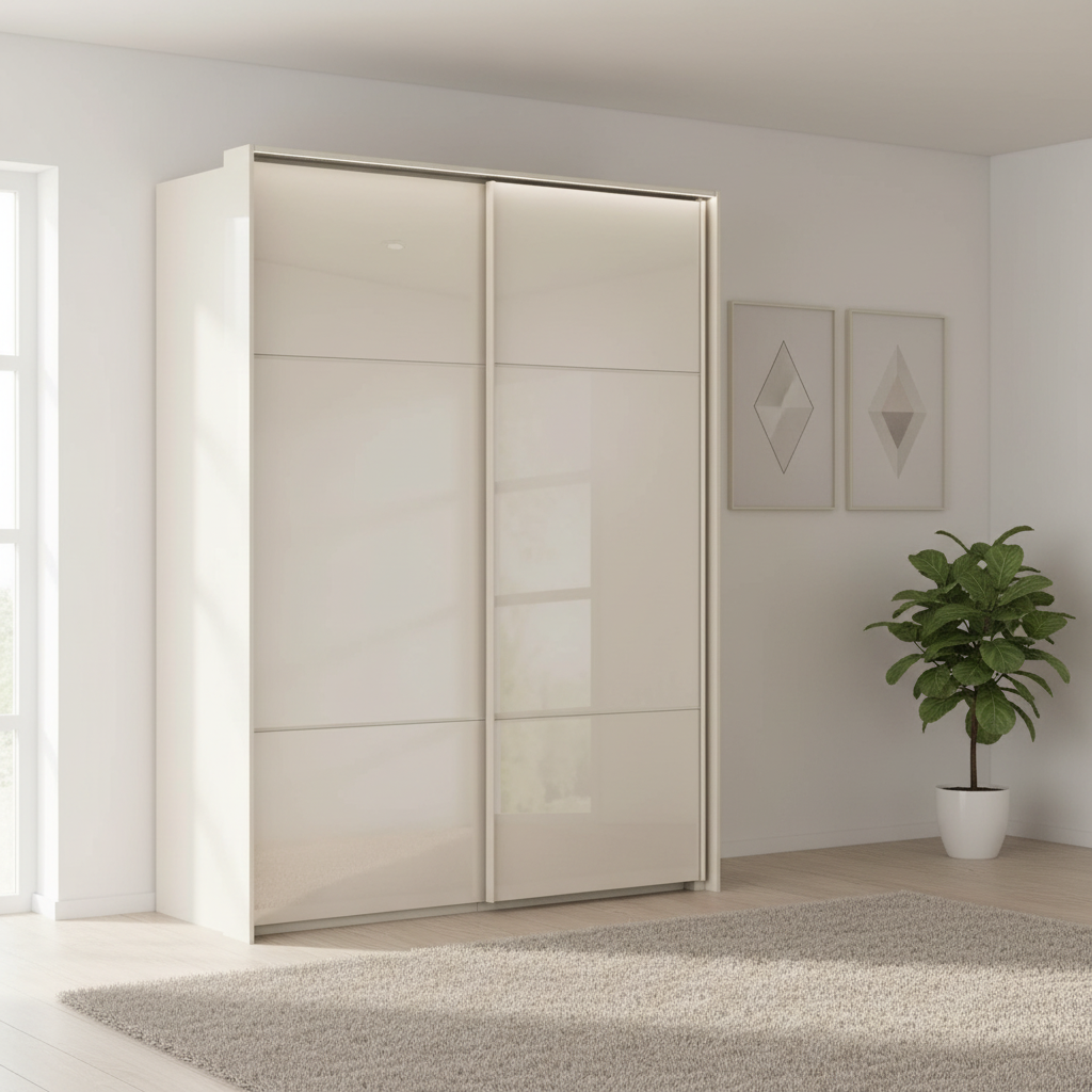 Rauch Heaven 160cm 2 Door Slider Wardrobe with Glass Doors and Lights in Champagne styled in a modern bedroom