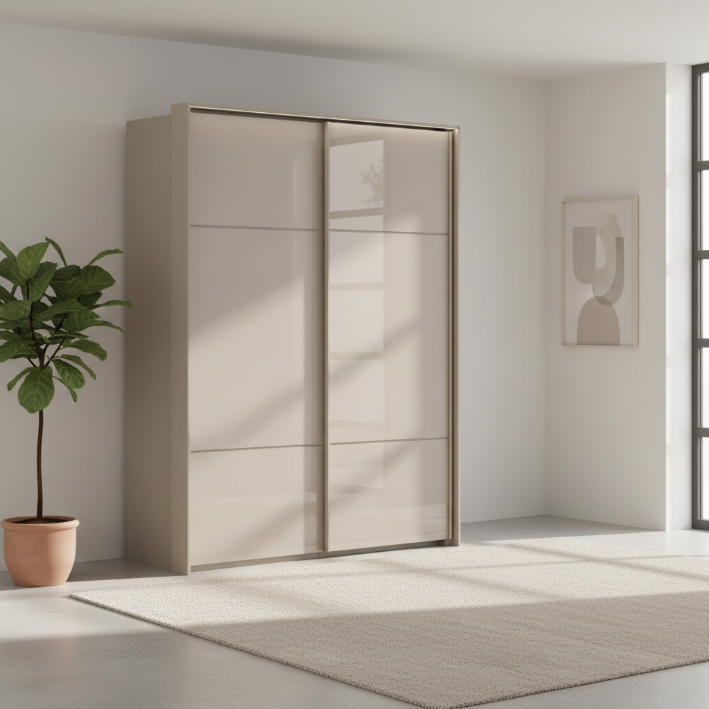 Rauch Heaven 160cm 2 Door Slider Wardrobe with Glass Doors and Lights in Fango styled in a modern bedroom