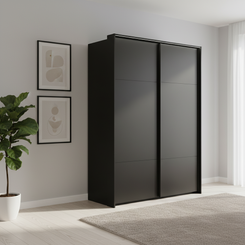 Rauch Heaven 160cm 2 Door Slider Wardrobe with Décor Doors and Lights in Black styled in a modern bedroom