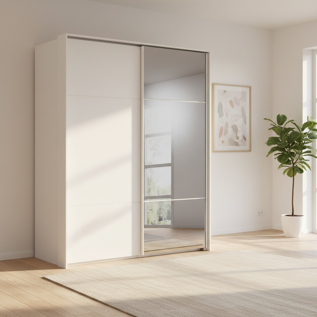 Rauch Heaven 180cm 2 Door Slider Wardrobe with 1 Décor Door and 1 Mirror Door in Alpine White styled in a modern bedroom