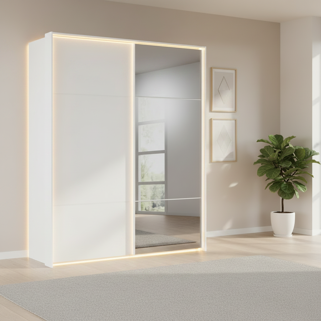 Rauch Heaven 180cm 2 Door Slider Wardrobe with 1 Glass Door & 1 Mirror Door and Lights in Alpine White styled in a modern bedroom