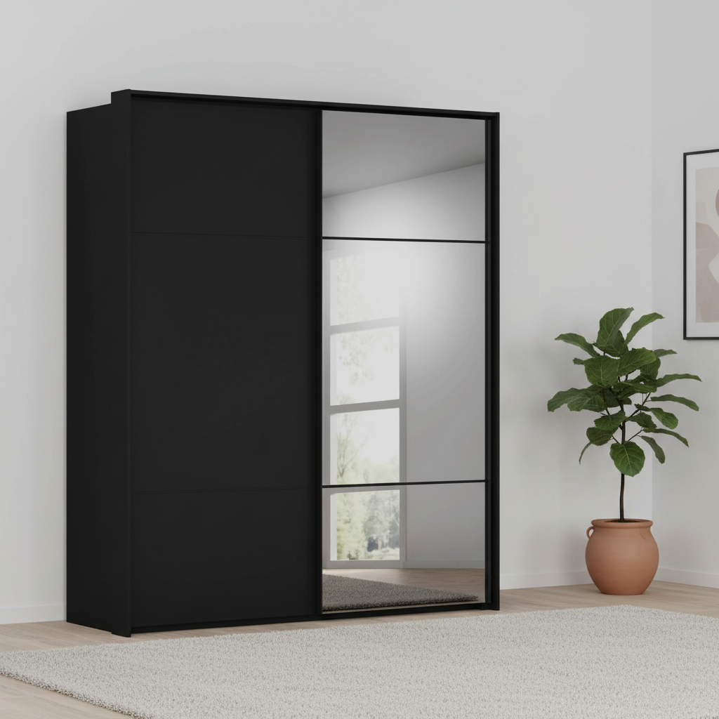 Rauch Heaven 180cm 2 Door Slider Wardrobe with 1 Décor Door and 1 Mirror Door in Black styled in a modern bedroom