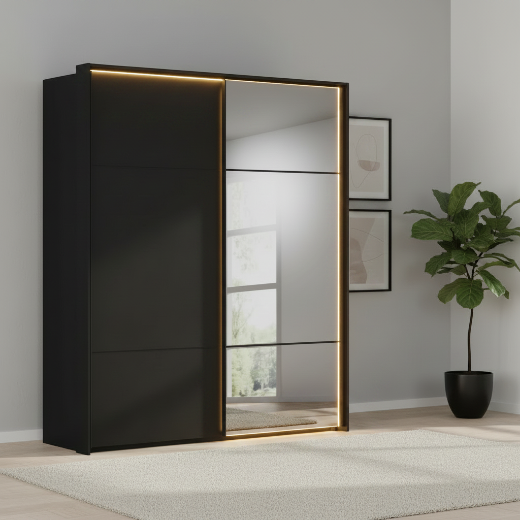 Rauch Heaven 180cm 2 Door Slider Wardrobe with 1 Glass Door & 1 Mirror Door and Lights in Black styled in a modern bedroom