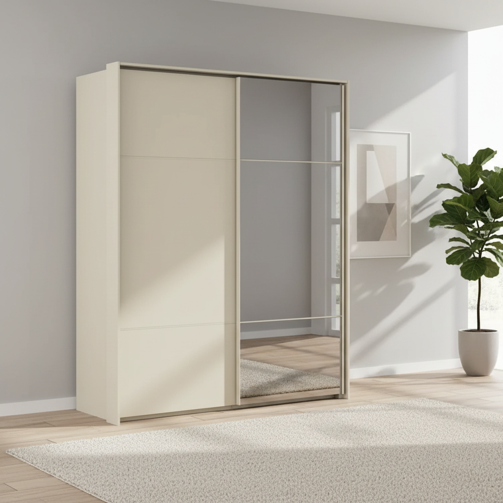 Rauch Heaven 180cm 2 Door Slider Wardrobe with 1 Décor Door and 1 Mirror Door in Champagne styled in a modern bedroom