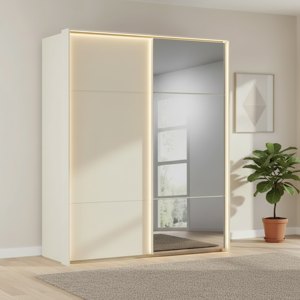 Rauch Heaven 180cm 2 Door Slider Wardrobe with 1 Glass Door & 1 Mirror Door and Lights in Champagne styled in a modern bedroom