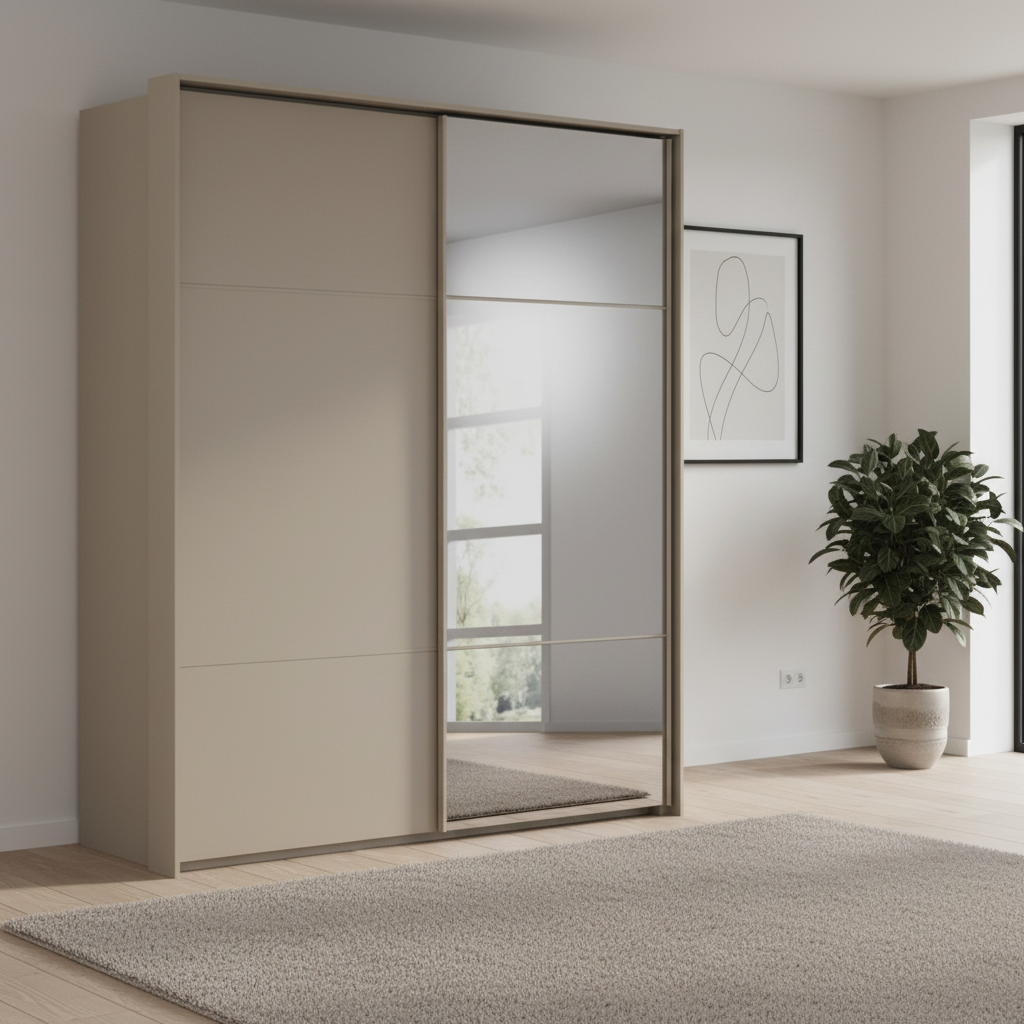 Rauch Heaven 180cm 2 Door Slider Wardrobe with 1 Décor Door and 1 Mirror Door in Fango styled in a modern bedroom