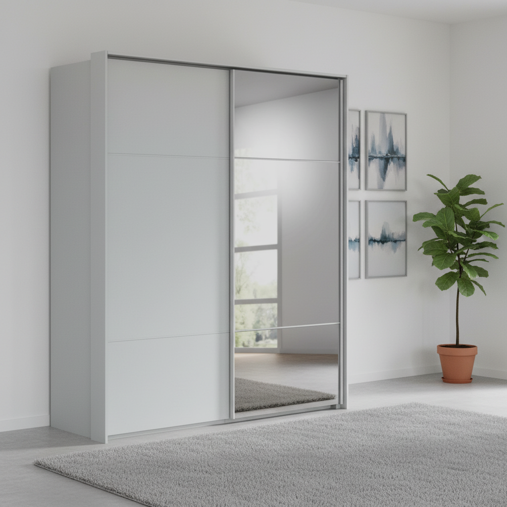 Rauch Heaven 180cm 2 Door Slider Wardrobe with 1 Décor Door and 1 Mirror Door in Silk Grey styled in a modern bedroom