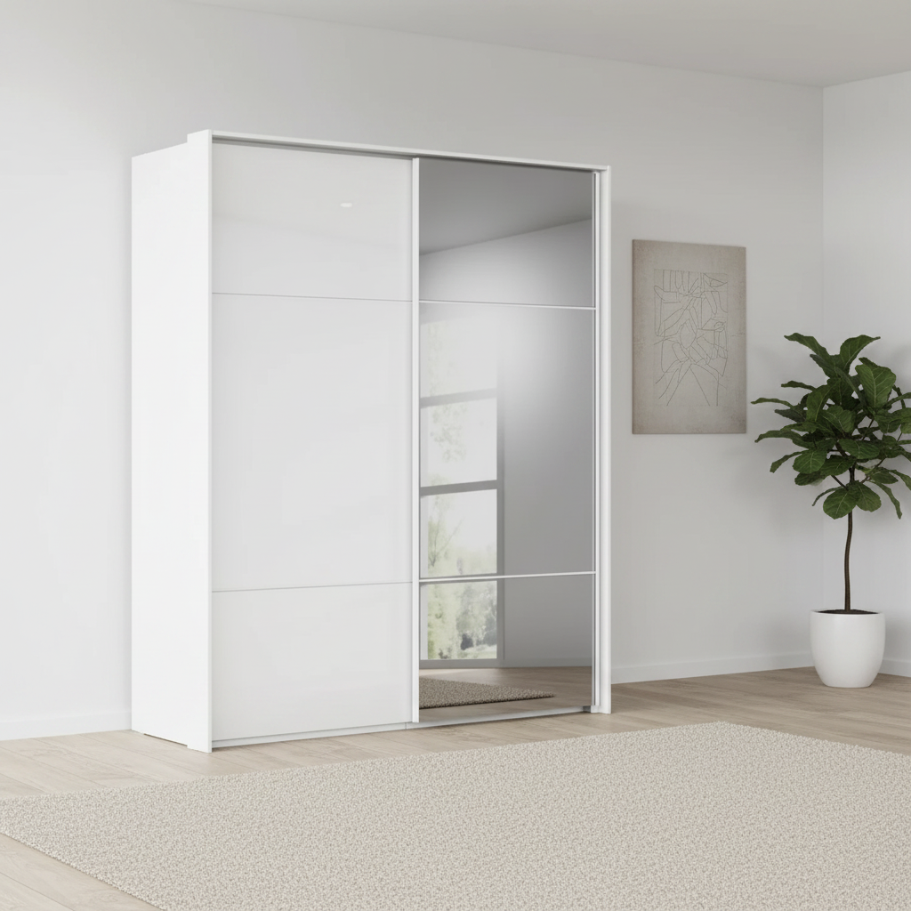 Rauch Heaven 180cm 2 Door Slider Wardrobe with 1 Glass Door and 1 Mirror Door in Alpine White styled in a modern bedroom