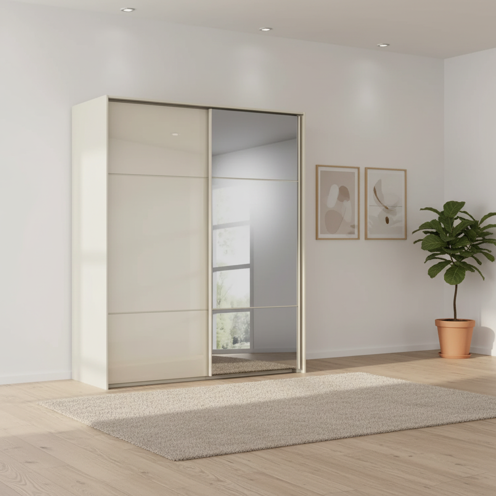 Rauch Heaven 180cm 2 Door Slider Wardrobe with 1 Glass Door and 1 Mirror Door in Champagne styled in a modern bedroom