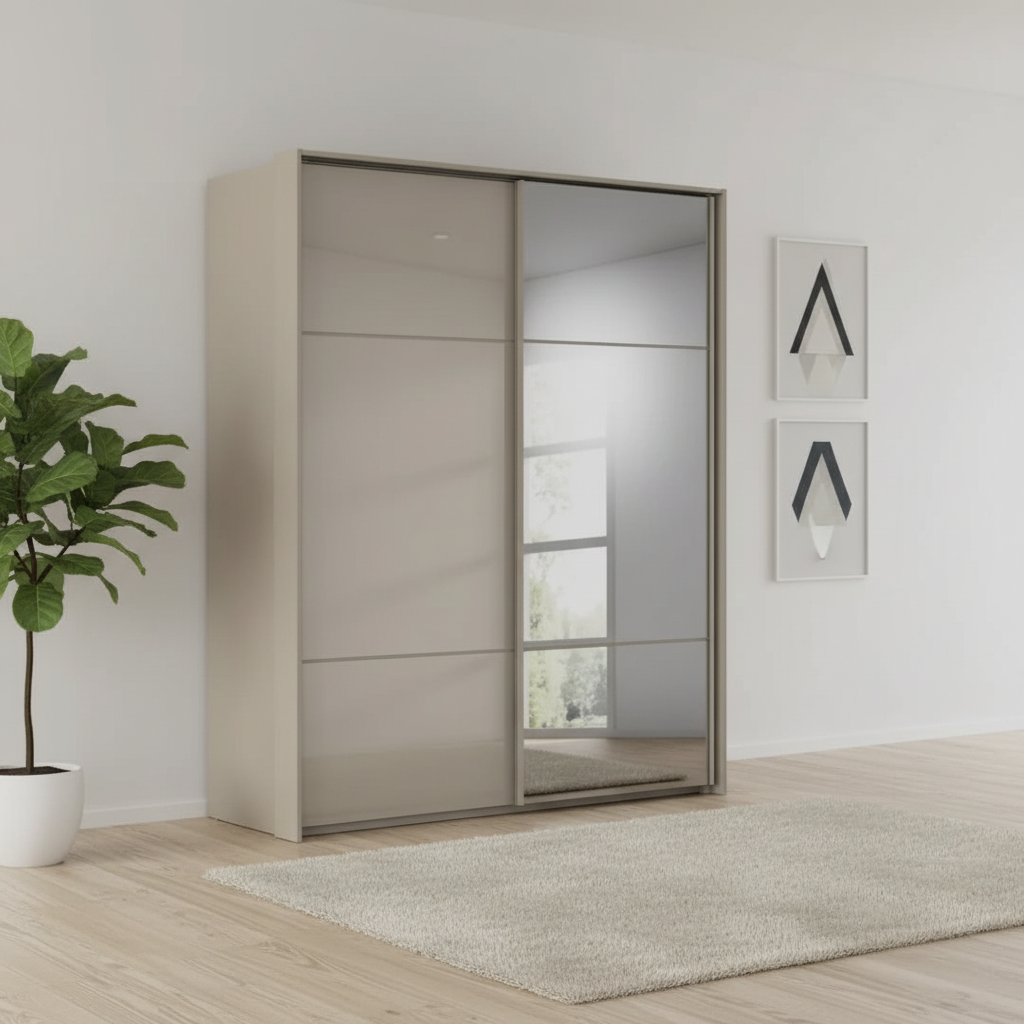 Rauch Heaven 180cm 2 Door Slider Wardrobe with 1 Glass Door and 1 Mirror Door in Fango styled in a modern bedroom