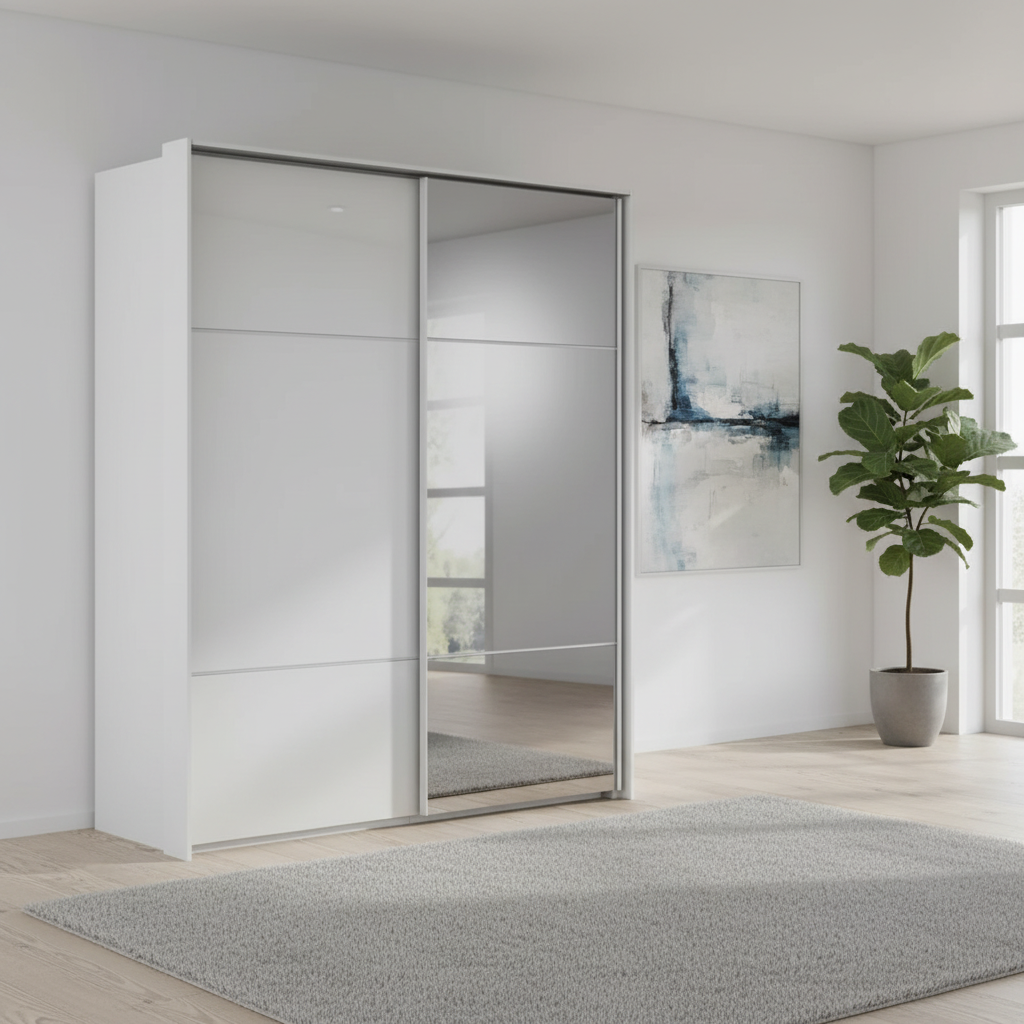 Rauch Heaven 180cm 2 Door Slider Wardrobe with 1 Glass Door and 1 Mirror Door in Silk Grey styled in a modern bedroom