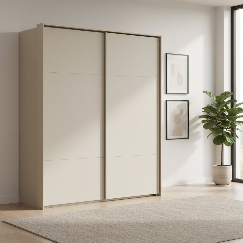 Rauch Heaven 180cm 2 Door Slider Wardrobe with Décor Doors in Champagne styled in a modern bedroom
