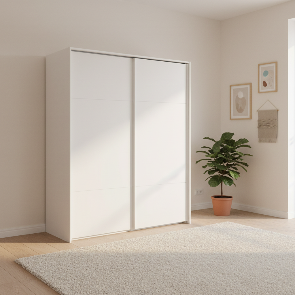 Rauch Heaven 180cm 2 Door Slider Wardrobe with Décor Doors in Alpine White styled in a modern bedroom