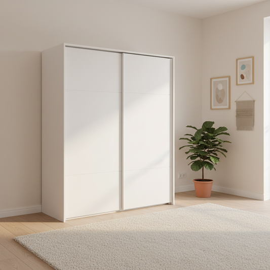 Rauch Heaven 180cm 2 Door Slider Wardrobe with Décor Doors in Alpine White styled in a modern bedroom