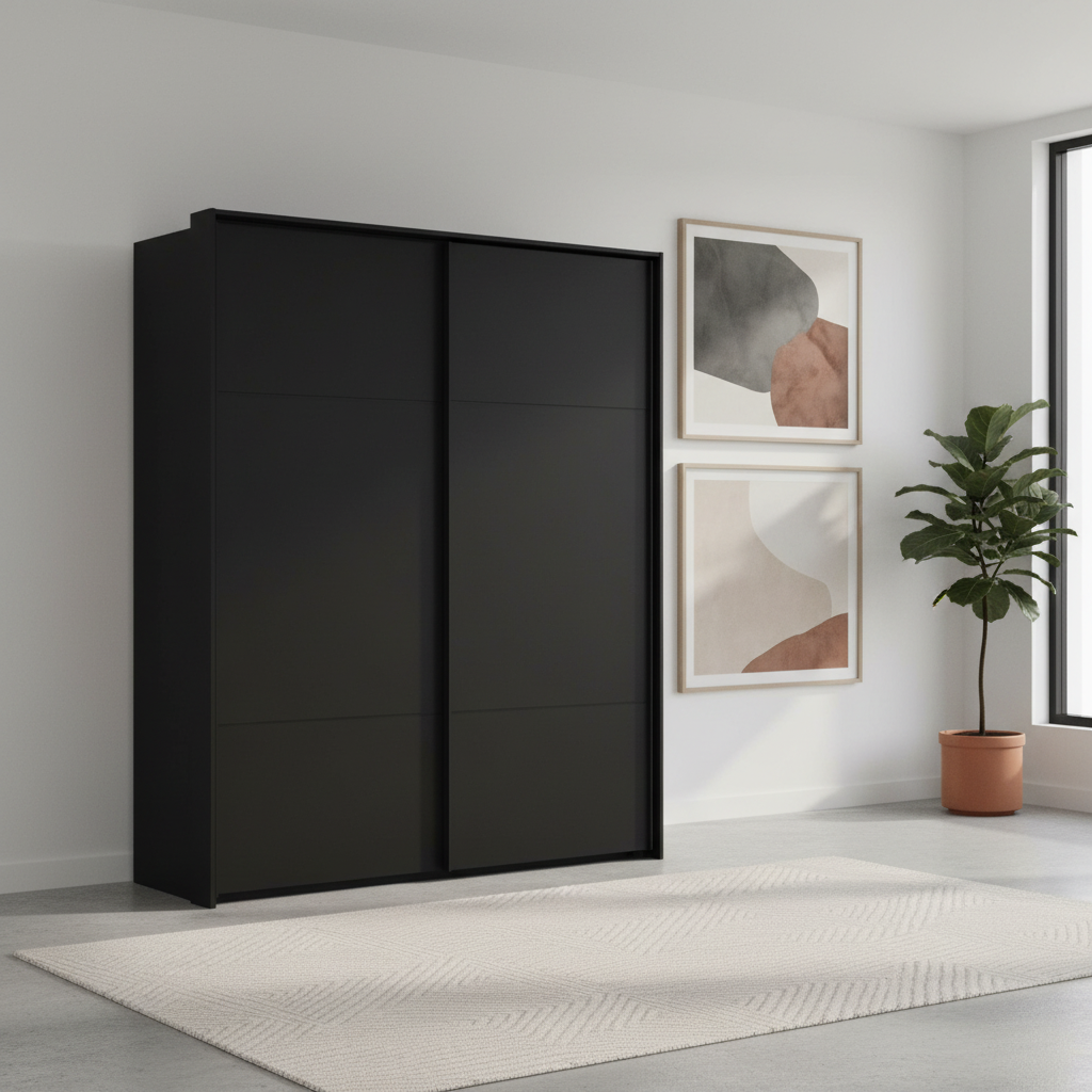Rauch Heaven 180cm 2 Door Slider Wardrobe with Décor Doors in Black styled in a modern bedroom