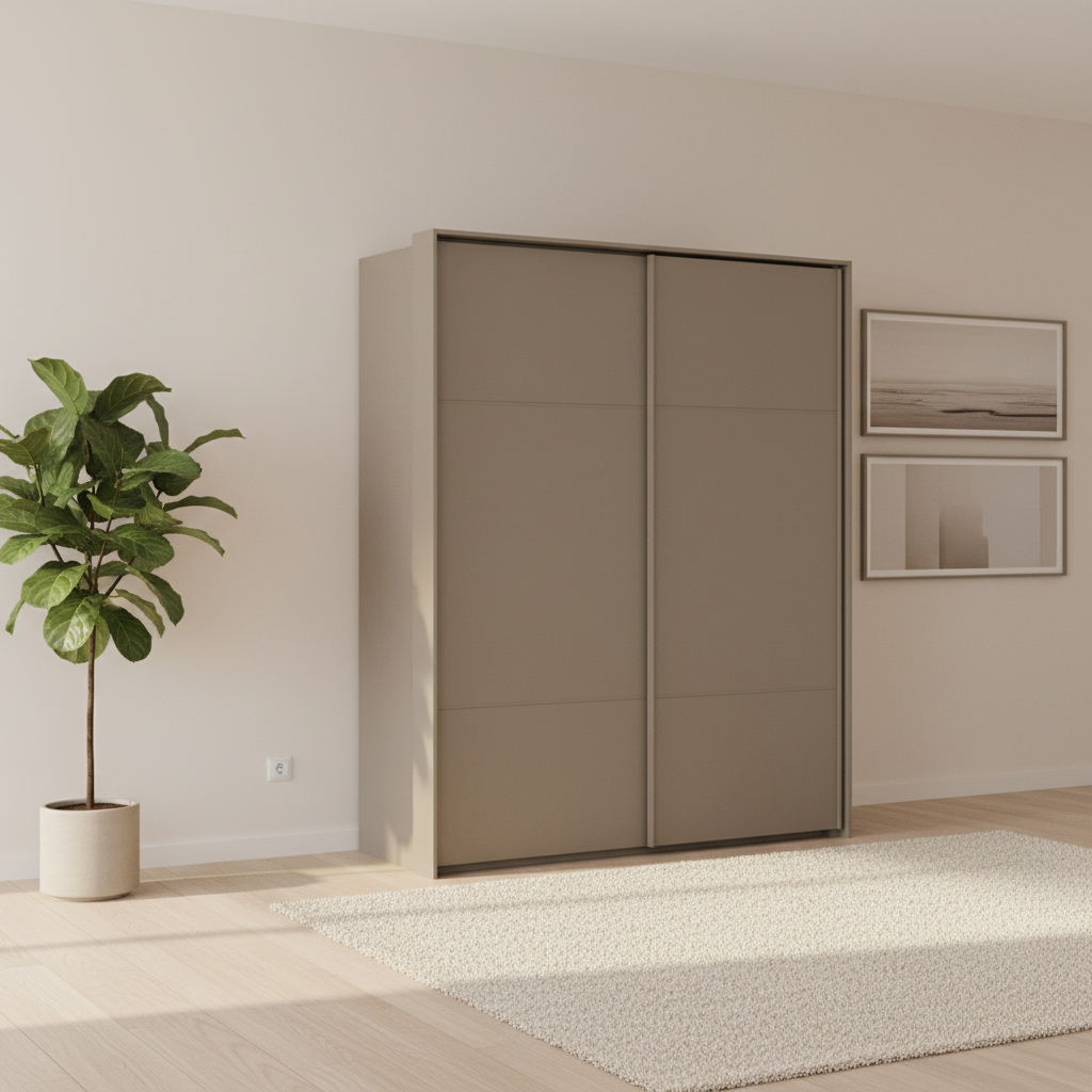 Rauch Heaven 180cm 2 Door Slider Wardrobe with Décor Doors in Fango styled in a modern bedroom