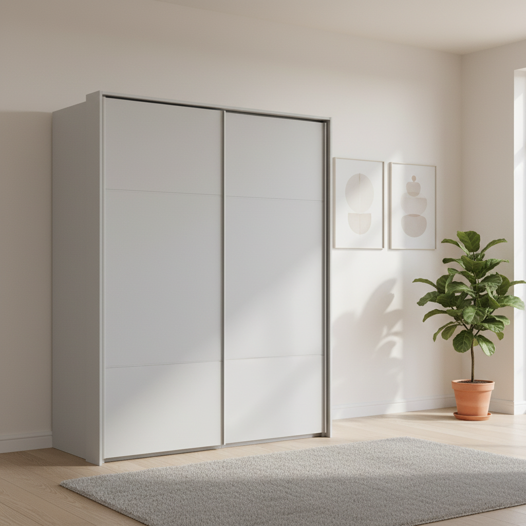 Rauch Heaven 180cm 2 Door Slider Wardrobe with Décor Doors in Silk Grey styled in a modern bedroom
