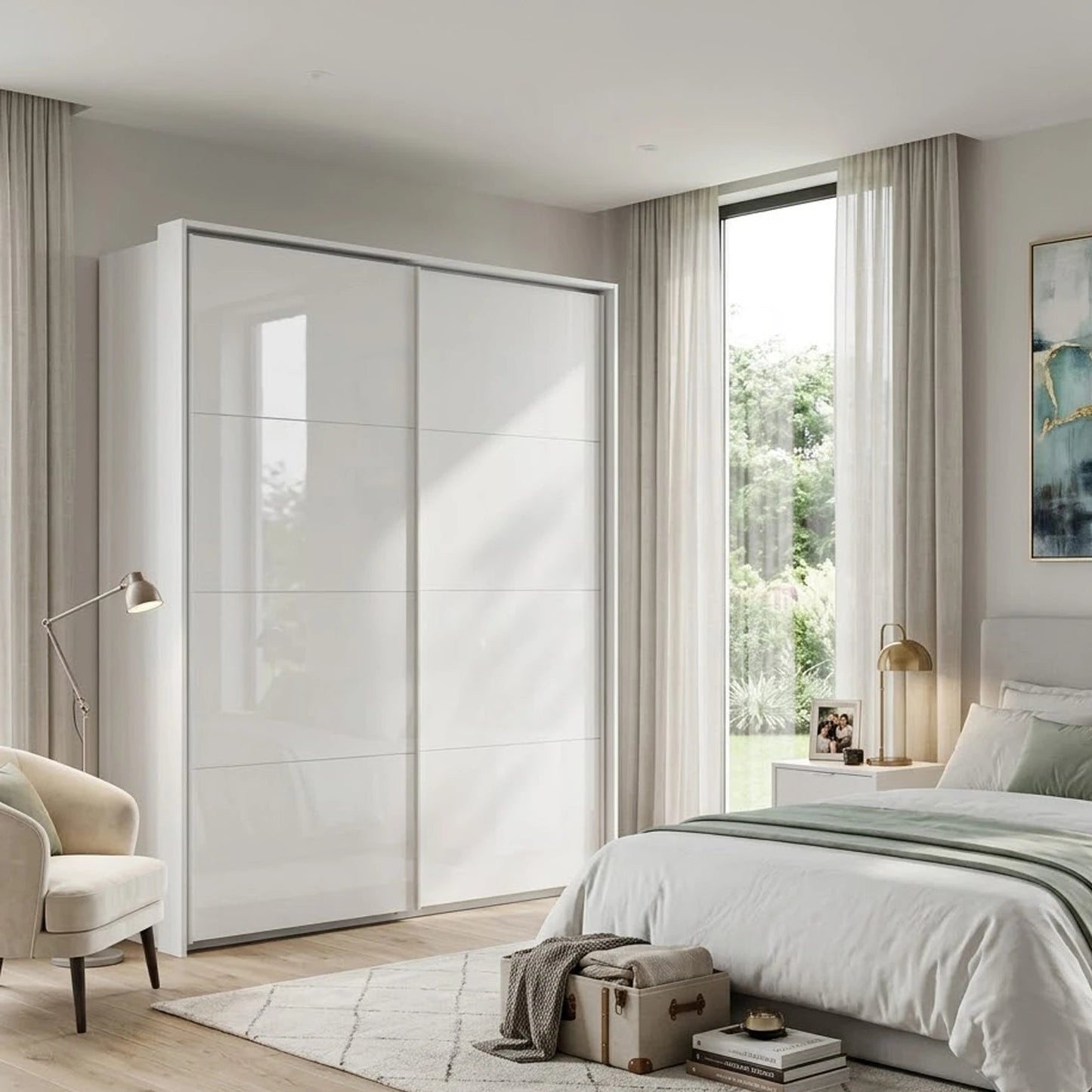 Rauch Heaven 2 Door Slider Wardrobe with Glass Doors - Styled in a Bedroom