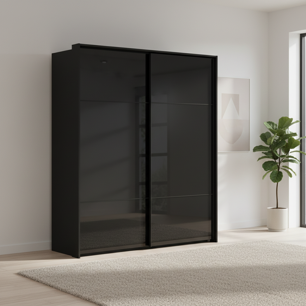 Rauch Heaven 180cm 2 Door Slider Wardrobe with Glass Doors in Black styled in a modern bedroom