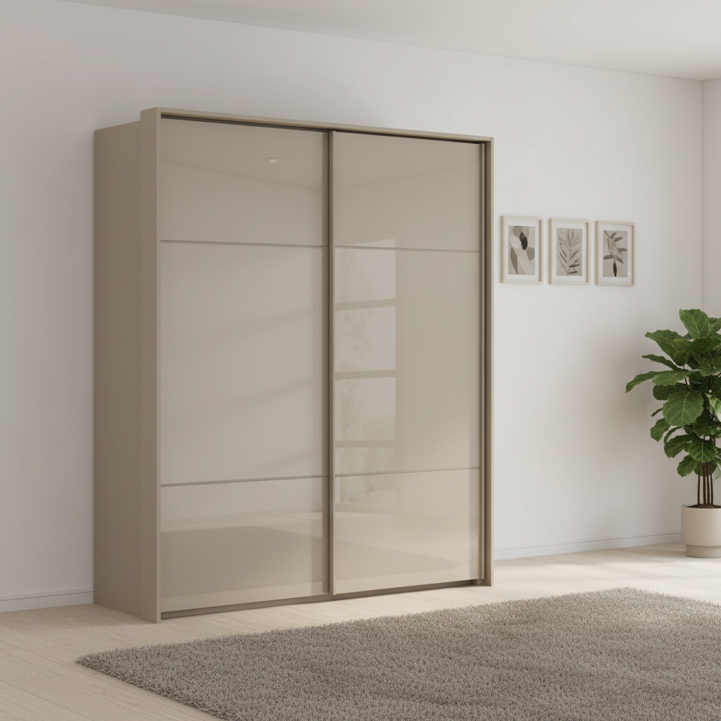Rauch Heaven 180cm 2 Door Slider Wardrobe with Glass Doors in Fango styled in a modern bedroom