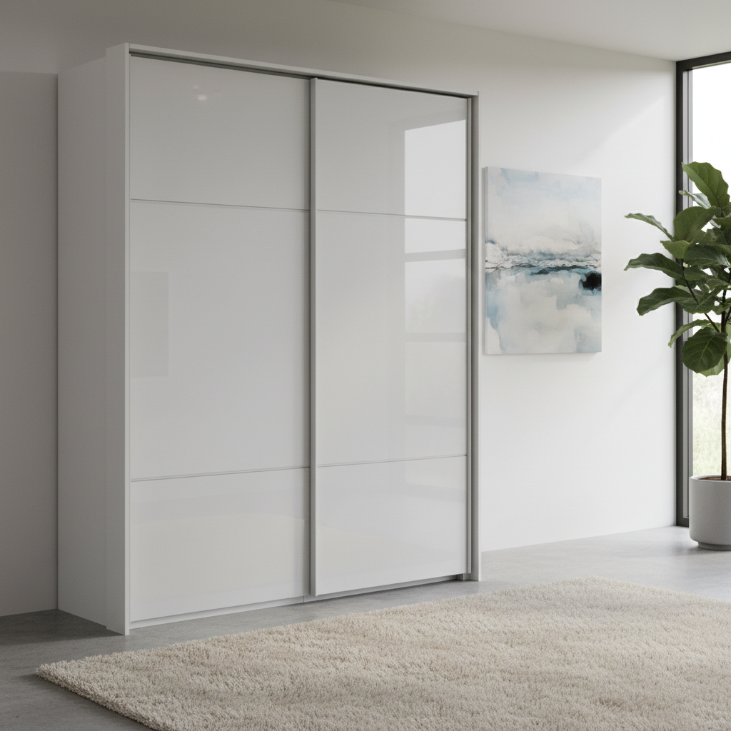 Rauch Heaven 180cm 2 Door Slider Wardrobe with Glass Doors in Silk Grey styled in a modern bedroom
