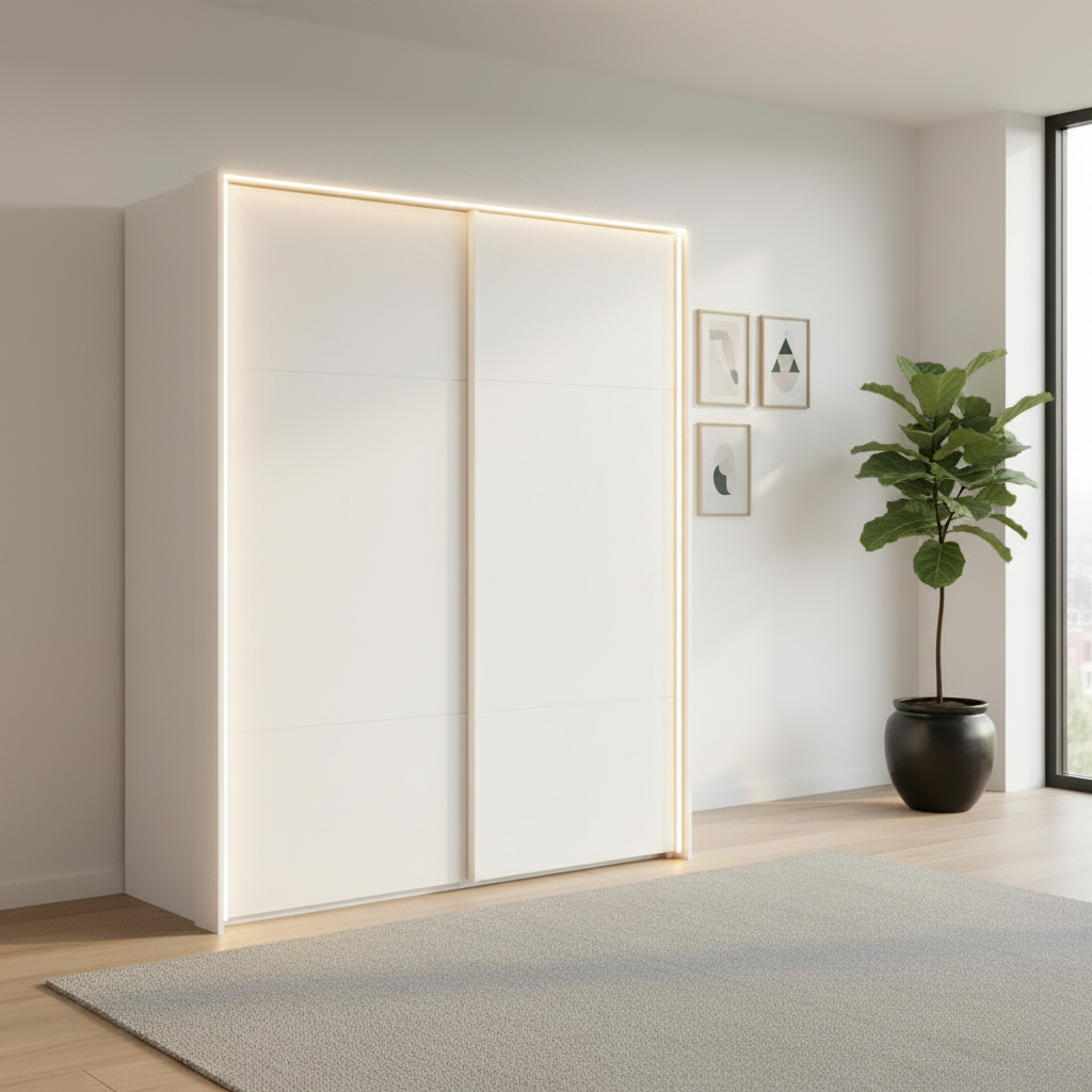 Rauch Heaven 180cm 2 Door Slider Wardrobe with Décor Doors and Lights in Alpine White styled in a modern bedroom