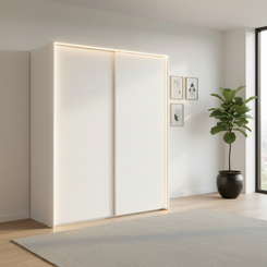 Rauch Heaven 180cm 2 Door Slider Wardrobe with Décor Doors and Lights in Alpine White styled in a modern bedroom