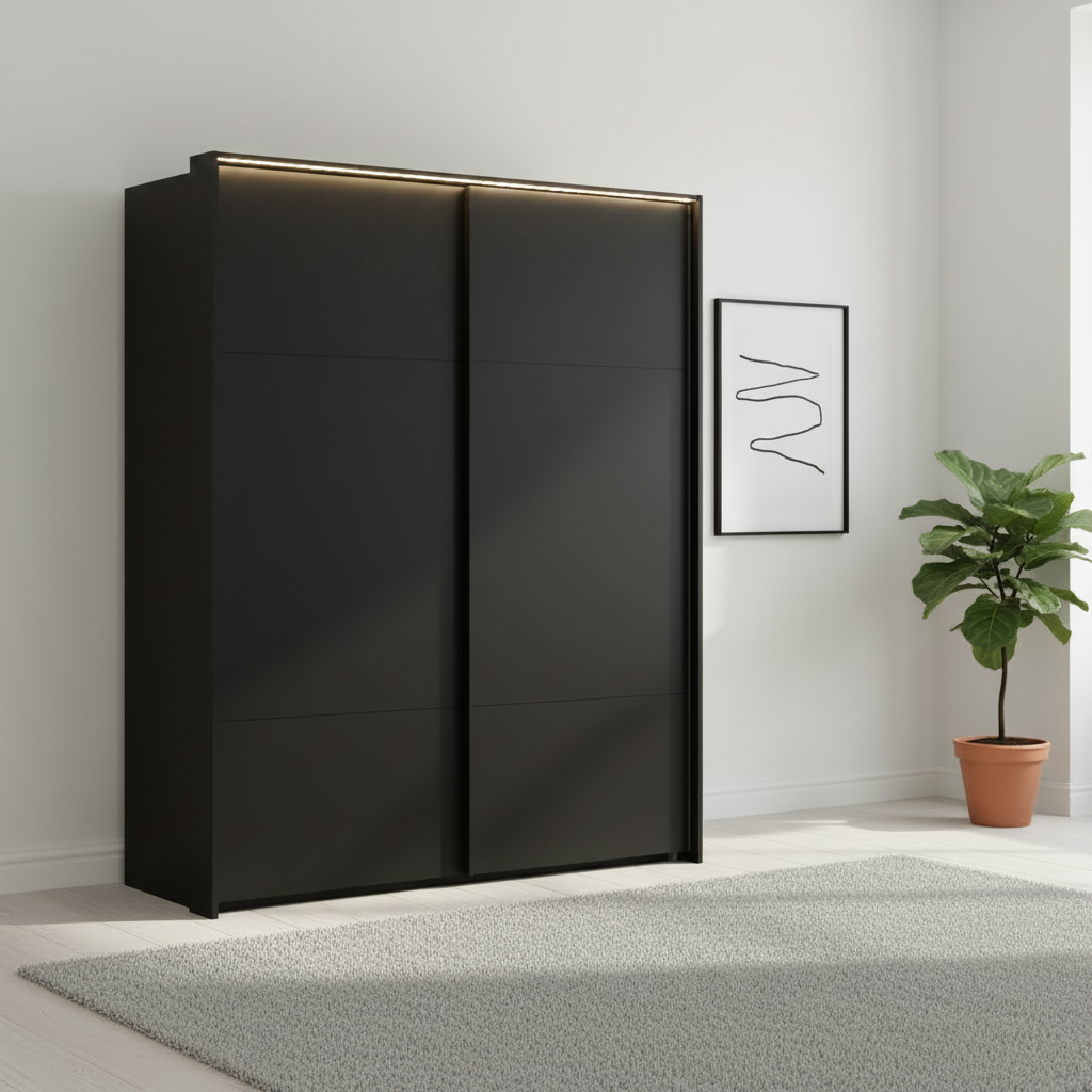 Rauch Heaven 180cm 2 Door Slider Wardrobe with Décor Doors and Lights in Black styled in a modern bedroom
