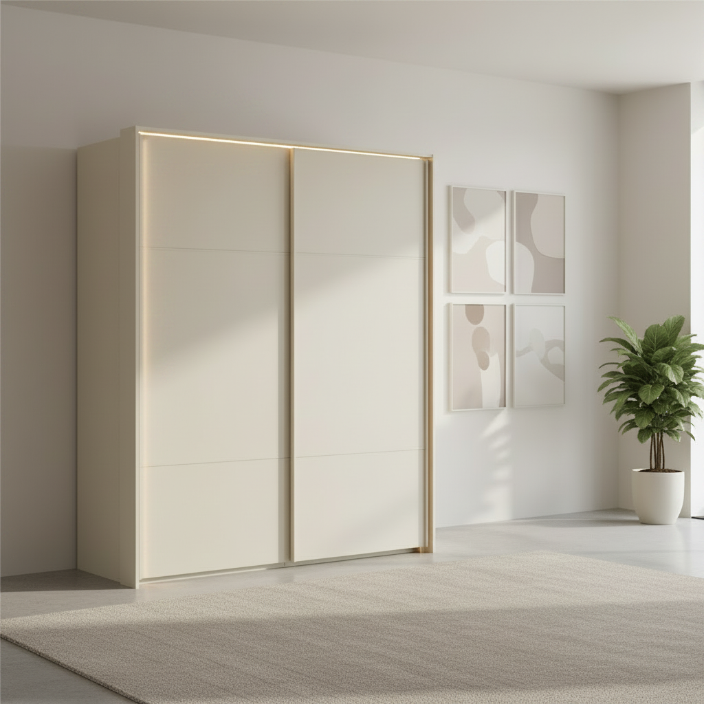 Rauch Heaven 180cm 2 Door Slider Wardrobe with Décor Doors and Lights in Champagne styled in a modern bedroom