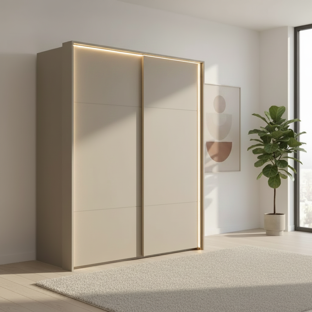 Rauch Heaven 180cm 2 Door Slider Wardrobe with Décor Doors and Lights in Fango styled in a modern bedroom