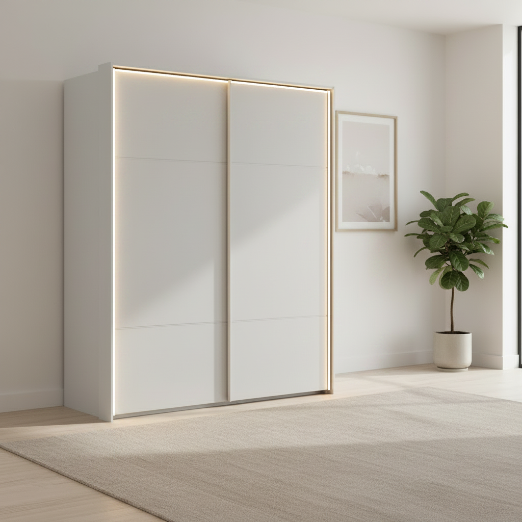 Rauch Heaven 180cm 2 Door Slider Wardrobe with Décor Doors and Lights in Silk Grey styled in a modern bedroom
