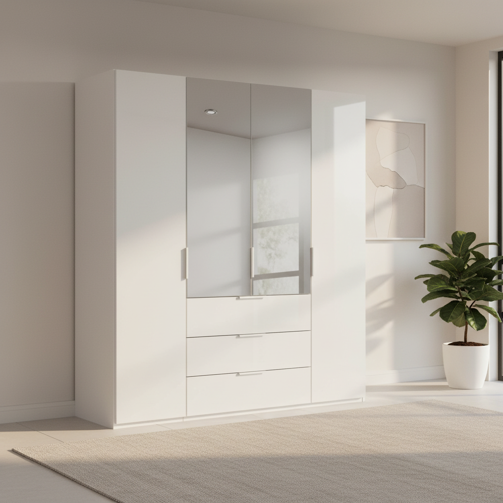 Rauch Heaven 200cm 4 Door Combi Wardrobe with 2 Glass Doors and 2 Mirror Doors in Alpine White styled in a modern bedroom