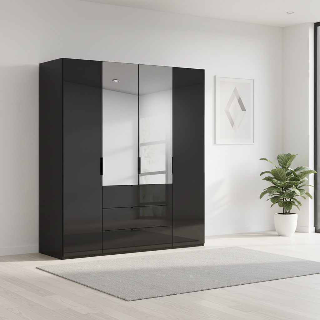 Rauch Heaven 200cm 4 Door Combi Wardrobe with 2 Glass Doors and 2 Mirror Doors in Black styled in a modern bedroom