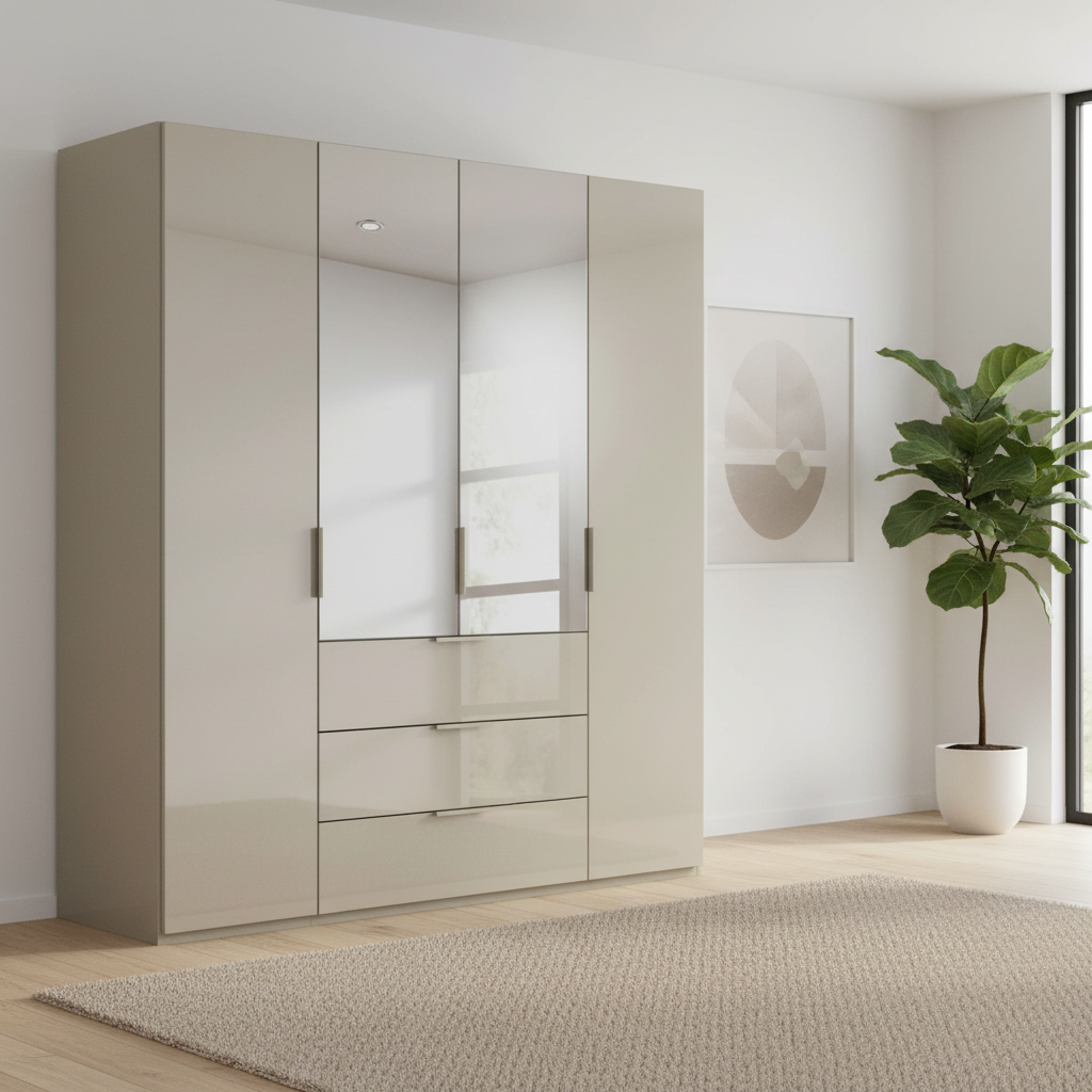 Rauch Heaven 200cm 4 Door Combi Wardrobe with 2 Glass Doors and 2 Mirror Doors in Fango styled in a modern bedroom